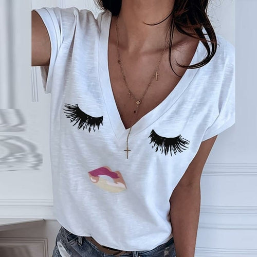 Elegant Lips Eyes Print Shirt Women Blouses Summer V Neck Short Sleeve